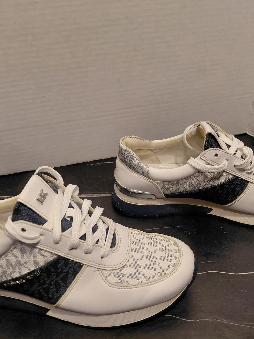 Michael Kors White and Navy MK Logo Lace-Up Sneakers